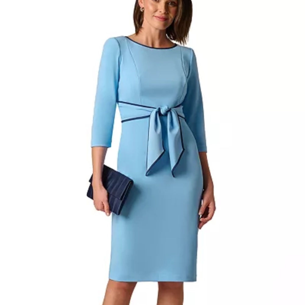 Adrianna Papell Light Blue Midi Dress with Navy Trim and Waist Tie